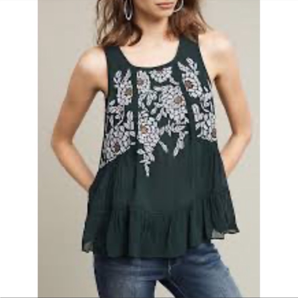 Anthropologie Floreat green/emerald peplum tank top/blouse